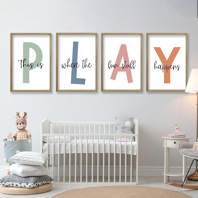 This Is Where The Fun Stuff Happens Kids Playroom Wall Art 24x16 Inch Set Of 4 Rustic Kids Wood Framed Boy Sign Toddler Modren Nursery Interesting Let's Play Prints Wall Hang Decor (Wood)