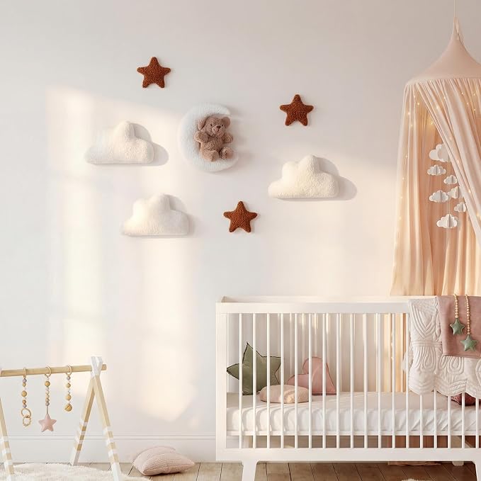 Chumia 7 Pcs Teddy Bear Nursery Wall Decor Boho Nursery Wall Art with Clouds Moon Star Soft Plush Baby Room Decor Gender Neutral for Bedroom Playroom Decoration