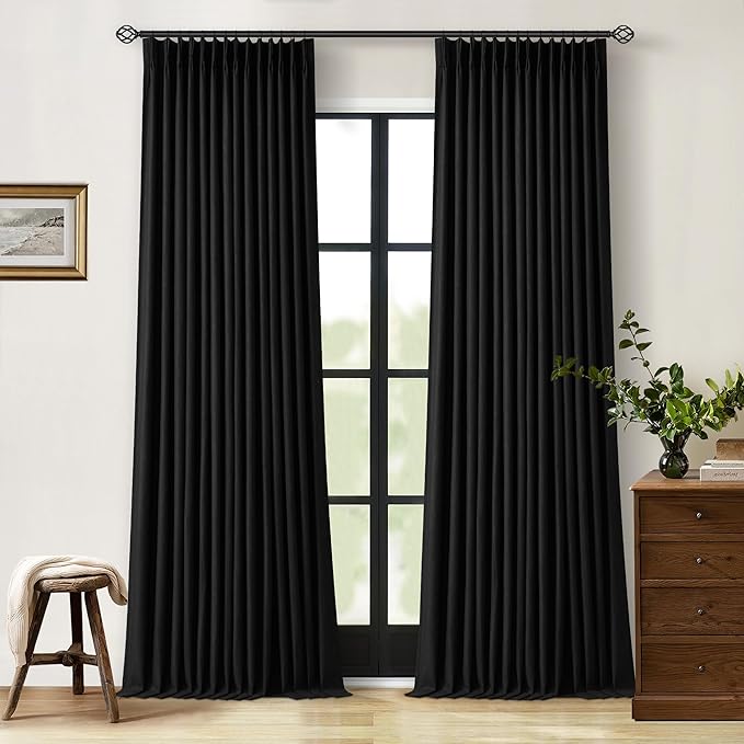 Black Pinch Pleated Linen Blackout Curtains 2 Panels for Living Room Bedroom Thermal Insulated 100% Black Out Linen Drapes with Liner Room Darkening Window Curtains 40x102