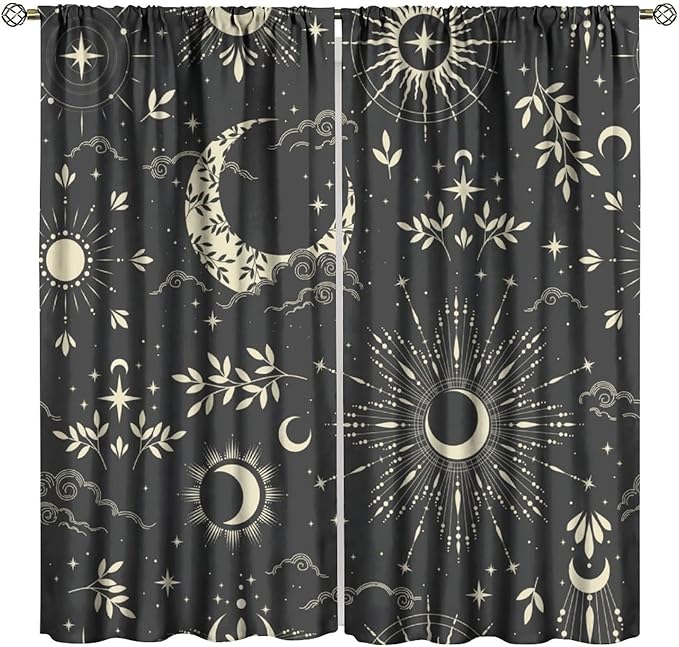 Golden Sun Moon Blackout Curtain, Bohemian Universe Sun Moon Clouds Stars Art Print Window Drapes, for Bedroom Living Room 42" W X 63" L