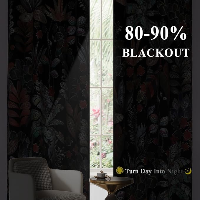 Estelar Textiler Boho Vintage Leaf Pattern Blackout Curtains 108 inch Long 2 Panels,Grommet Thermal Insulated Black Curtains for Living Room,Energy Efficient Window Curtains for Bedroom,52Wx108L