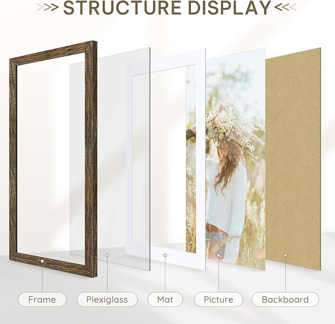 Picrit 19x27 Picture Frame 3 Pack, Wooden Brown Rustic Poster Frame, Display Poster 16 x 24 with Mat or 19 x 27 without Mat for Horizontal or Vertical Wall Mounting