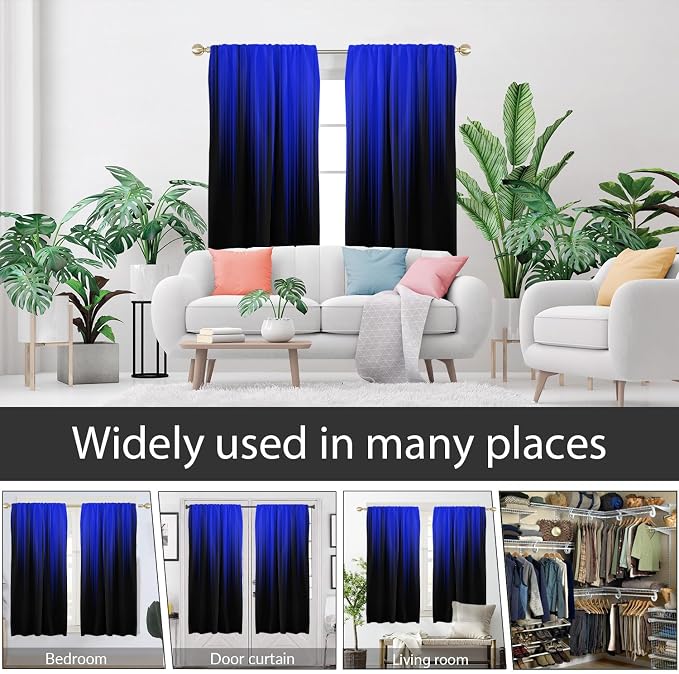 AAtter Royal Blue and Black Ombre Window Curtains, 2 Panels, 42" W x 63" L | Modern Striped Rod Pocket Drapes, Dark Gradient Abstract Style, Cool Anime Masculine Design, Trendy Bedroom Decor for Men
