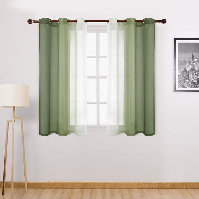 DWCN Ombre Short Sheer Curtains - Faux Linen Semi Voile Gradient Light-Filtering Bedroom and Living Room Curtains, Set of 2 Grommet Top Window Drape Panels, 42 x 45 Inch Length, Light Olive Green