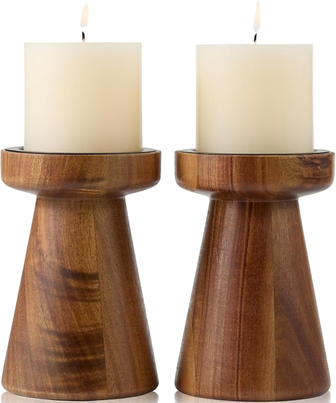 Acacia Wood Candle Holders for Pillar Candles, Set of 2 Vintage Rustic Tall Modern Farmhouse Decor, Decorative Wooden Candlestick Stand for Fireplace Mantel, Table Centerpiece