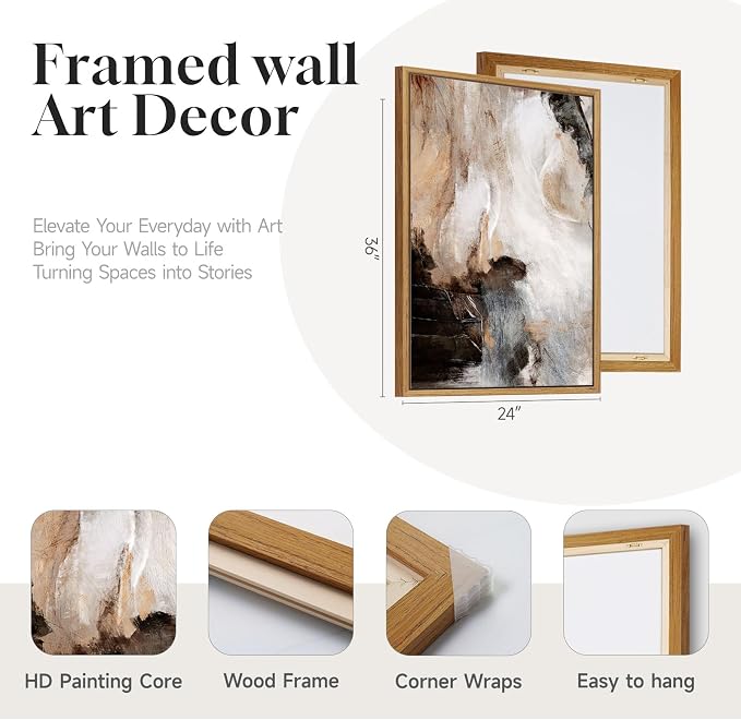 Large Framed Neutral Abstract Wall Art for Living Room, Set of 2 Brown Gray Black Modern Canvas Artwork for Walls, Luxury Watercolor Contemporary Painting Prints Wall Decor Hallway Office, 24x36 Inch