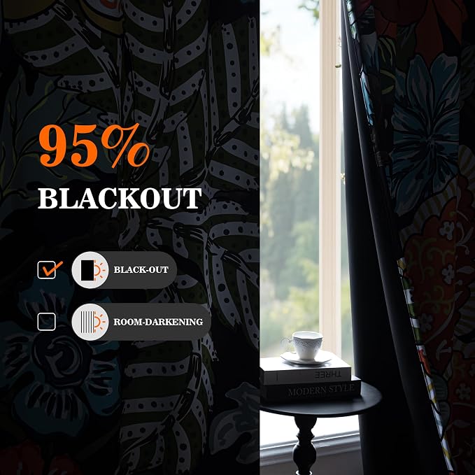 MYSKY HOME Black Boho Floral Blackout Curtains & Drapes for Bedroom 63 inch Long Black Out Curtain with Botanical Leaf Design for Living Room Thermal Insulated Room Darkening Drape, Pack-2, 52Wx 63L