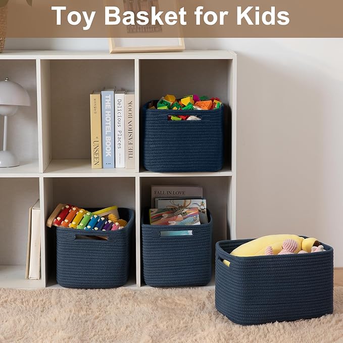 OIASKET Storage Baskets for Organizing, Woven Decorative Baskets for Shelves - Books, Towels, and Clothes, Cotton Rope Toy Storage Bins, 12.7''Lx9''Wx7.8''H, Pack of 4, Blue