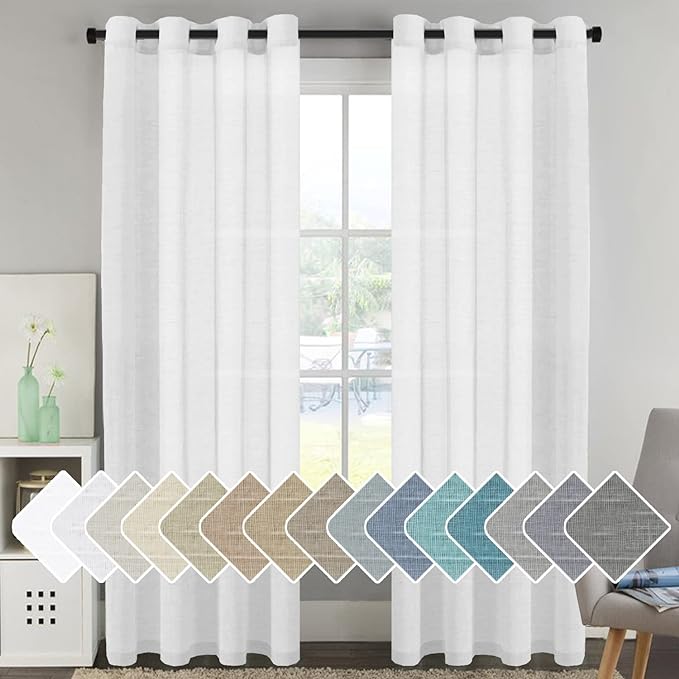 H.VERSAILTEX White Natural Linen Curtain Panels Energy Efficient Semi - Sheers Linen Curtains/Nickel Grommet Window Treatments Panels/Drapes (Set of 2, 52 by 96 Inch, Pure White)