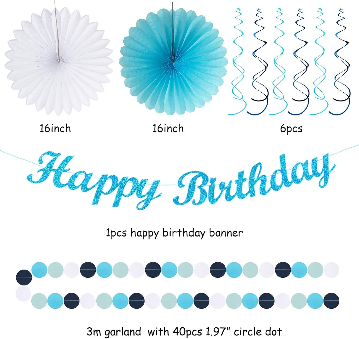 Light-Royal Blue White Birthday Party-decorations - 21pcs Boys Men Ocean Happy Banner,Navy Dusty Paper Streamers Lanterns Honeycomb,tissue Pom Poms Fan,Nautical Adult Garland Supplies Decor Huglony