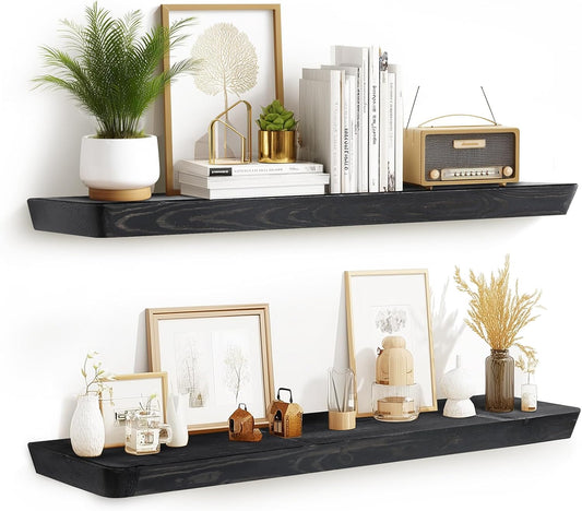 36"x6.8"x1.6" Slanted Floating Wall Shelves 2-Pack - Rustic Black Finish, Heavy-Duty Solid Wood Design with Hidden Brackets - Perfect for Living Room, Kitchen, Bathroom, or Office