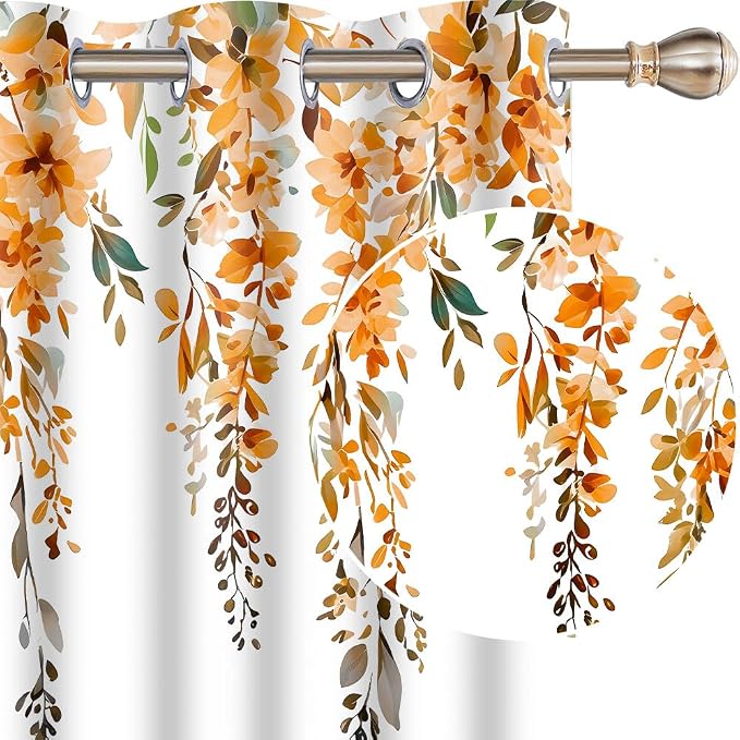 Orange Watercolor Floral Curtains, 42x63 inch, 2 Panels | Botanical Leaves Vine Flowers, Rustic Farmhouse Style, Blackout Window Treatment, For Bedroom Living Room
