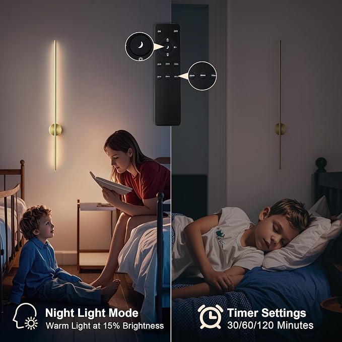 Battery Operated Modern Wall Sconces Set of Two,Rechargeable Wireless Wall Lights with Remote Control,Dimmable,3CCT,Timer,360°Rotation,Cordless Lighting for Bedroom,Living Room,Hallway,Brass,39.3 Inch