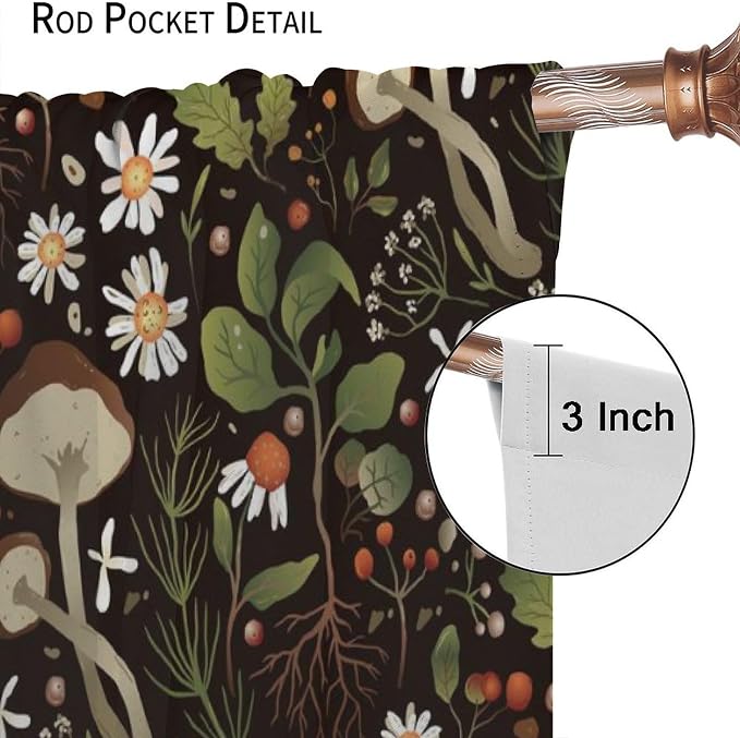 Mushroom Curtains,Green Plant Forest Botanical Print Window Treatments for Bedroom Living Room Kitchen Cartoon Herbs Floral Window Drapes 2 Panels Set,Total Size 42 x 54 Inch
