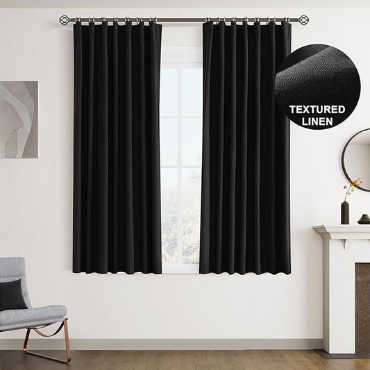 Joywell 100% Blackout Linen Curtains 63 Inches Long for Bedroom 2 Panels Set Black Out Curtain Back Tab Hook Belt Room Darkening Drapes for Dining Room Window W52 x L63,Black