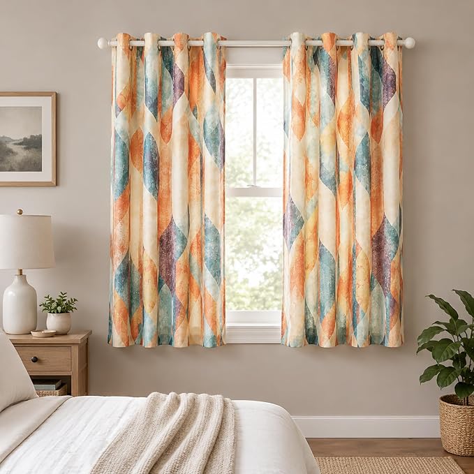 Leeva Short Linen Textured Curtains, Geometric Print Privacy Grommet Window Treatment Curtain Panels for Bedroom Living Room, Set of 2 Packs, 52 x 63 Inches, Orange