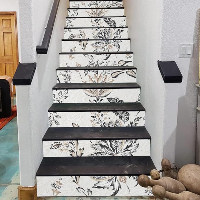 REDAMANCY Vintage White Grey Black Flower Paisley Peel and Stick Vinyl Stair Riser Decals Staircase Tile Stickers Decor Modern Marble Decoration Self-Adhesive(14 Pcs)