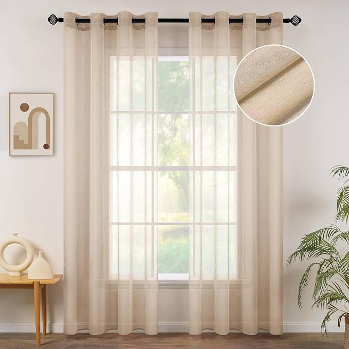 MIULEE 2 Panel Beige Semi Sheer Window Curtains - Elegant Grommet Top Voile Panels/Drapes/Treatment Linen Textured Panels for Bedroom Living Room (54X72 Inches)