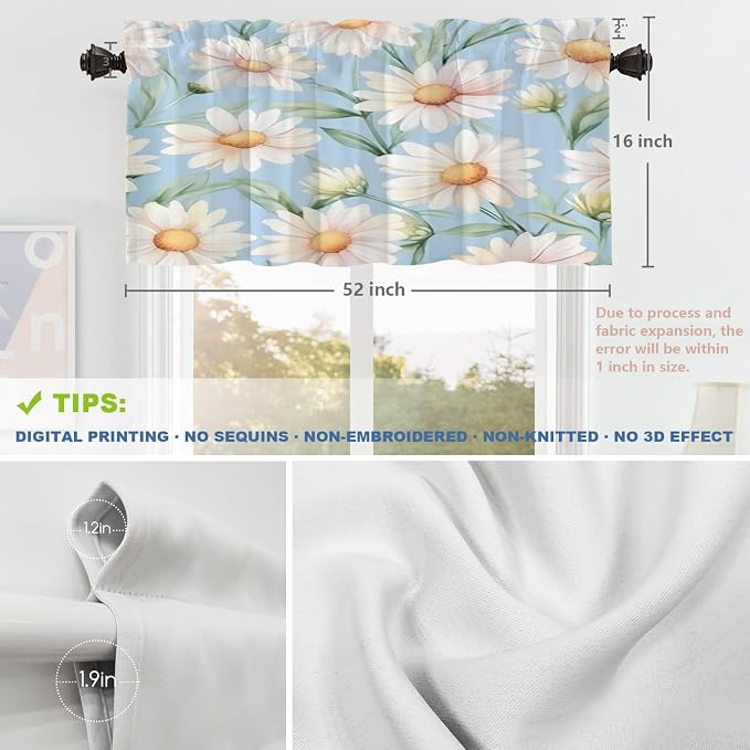 Shrahala Daisies Leaves Kitchen Valances, White Daisies On Blue Half Window Curtain Window Treatment Multilayer Polyester Blackout for Living Room Bathroom 2 Pack 52 x 16 in