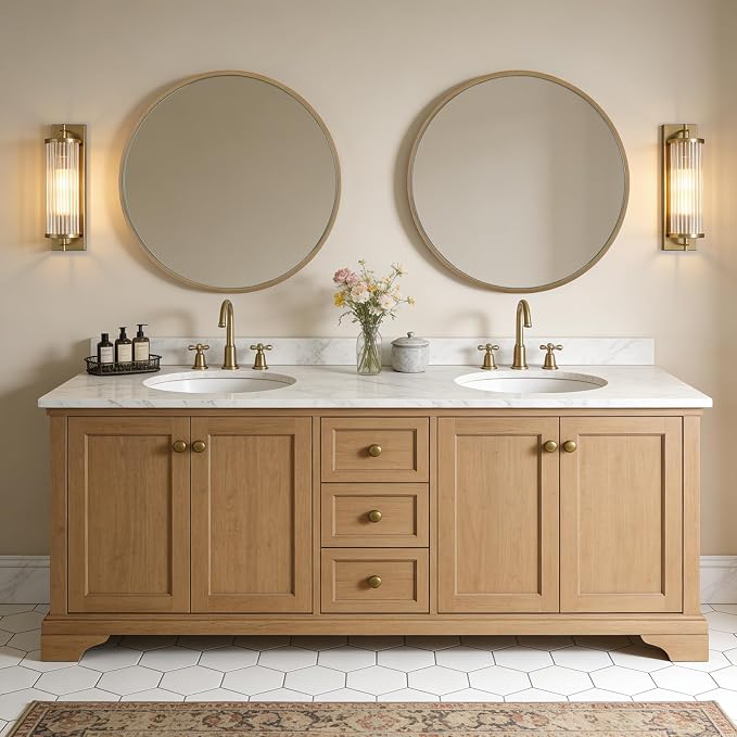 WallBeyond Round Mirror with Wood Frame, 28" Circle Modern Decoration Large Home Decor Mirror for Bathroom Living Room Bedroom Entryway (28" Diameter, Natural Wood)