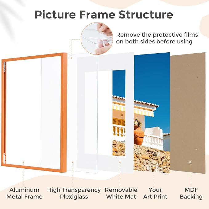 FLYJOE 8x10 Picture Frame for 5x7 Photo, Minimalist Aluminum Frame, Orange | Sleek Metal Wall Frame for Gallery, Desk, or Gift Giving | Shatterproof Glass & Wall Kit