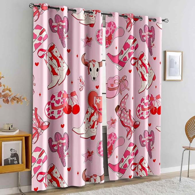 LUVIVIHOME Cowgirl Blackout Curtains, Cherry Boots Preppy Coquette Curtains for Girls Bedroom Living Room, Cute Girly Pink Western Cowgirl Room Decor, Grommet Window Drapes 2 Panel Sets, 52x84 Inch