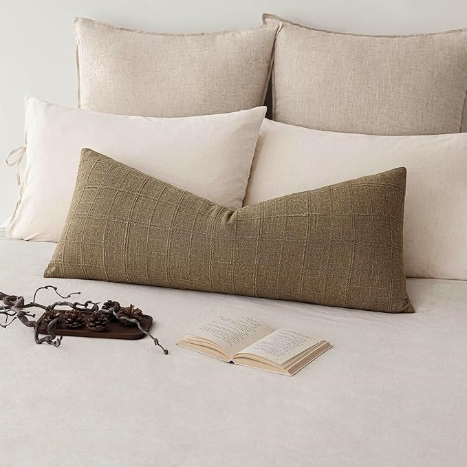 Foindtower Set of 2 Decorative Linen Check Throw Pillow Covers Neutral Long Body Lumbar Cushion Covers Farmhouse Vintage Boho Home Decor For Sofa Chair Couch Bedroom Living Room,14×36 Inch,Light Brown