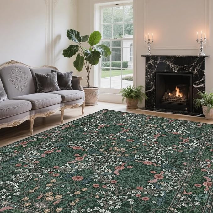 Vintage Green Living Room Rug, 8x10 Washable Area Rugs for Dining Room Under Table, Soft Low Pile Large Carpet Bedroom, Non-Slip Boho Floral (8 x 10 Green)