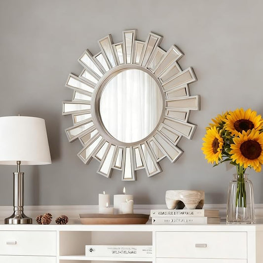 Round Sunburst Decor Mirror - 24" Sliver Wall Art Mirror with Metal Frame, Starburst Wall Decorative for Entryway, Bedroom, Fireplace, Living Room