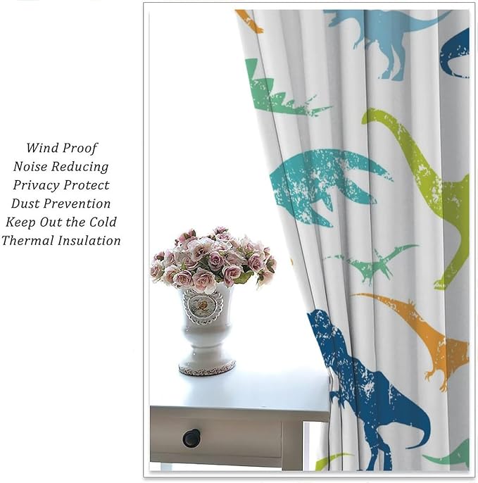 YCness Dinosaur Curtains for Boys Girls Children Nursery Room Decor Cartoon Dino Cute Wildlife Animal Theme Art Printed Window Drapes Decor Fabric Set 2 Panel 42x54 Inch 80% Shading Rate