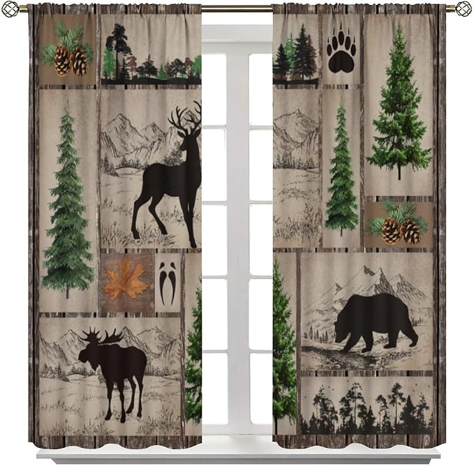 Vintage Bear Deer Blackout Curtains Country Farmhouse Wooden Door Forest Hunting Lodge Pine Cone Mountains Elk Black Bear Animals Windows Treatments Rod Pocket For Kitchen Living Room Bedroom 52x84in