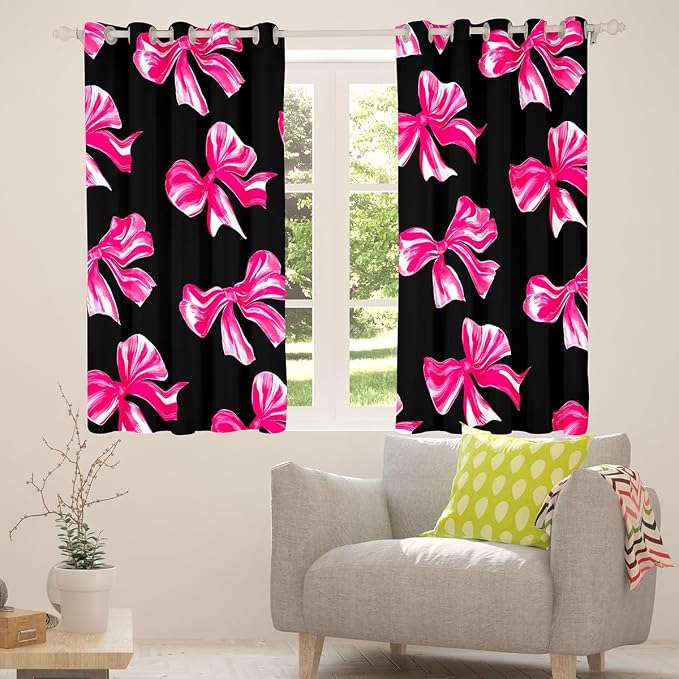 Erosebridal Bowknot Kids Curtain Rose Pink Bow Window Curtain 42" Wx90 L for Boys Girls Teen,Watercolor Bow Tie Window Treatments Black Modern Simple 30%-50% Blackout Curtains for Bedroom