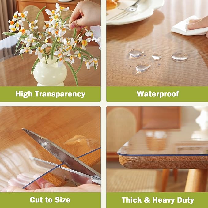 Clear Table Protector 44 x 72 Inch, 1.5mm Thick Plastic Table Cover, Waterproof PVC Clear Table Cover Protector, Desk Protector Mat, Writing Desk Pad for Desktop, Coffee & Dining Room Table
