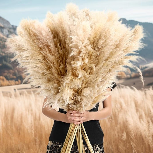 Knitgrip 40 Pcs 47 Inch Natural Beige Pampas Grass Decor Bulk, Fluffy Tall Dried Pampas Grass Bouquet for Floor Vase, Wedding Floral Arrangements, Party, Farmhouse, Boho Home Decorations