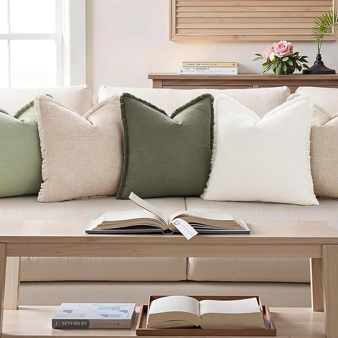 decorUhome Summer Decorative Neutral Linen Fringe Throw Pillow Covers Set of 2 Cream White Pillow Covers with Tassels Soft Farmhouse Boho Accent Pillow Cases for Couch Bed Sofa 20x20 Inch