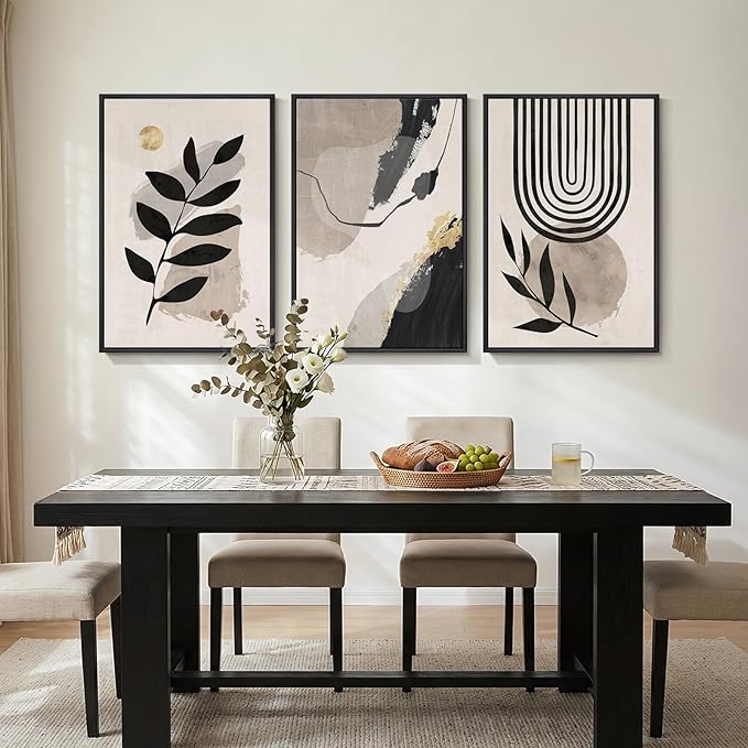 3 Piece Framed Black and White Boho Wall Art for Living Room, Large Abstract Botanical Plant Canvas Prints Paintings, Minimalist Leaf and Geometric Artwork for Dining Room Bedroom 24x36 Inch
