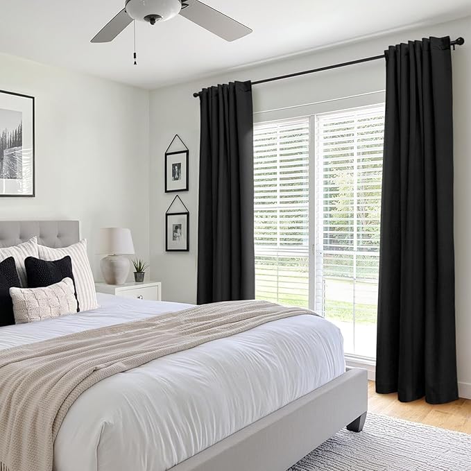 INOVADAY 100% Blackout Curtains 84 Inches Length 2 Panels Set, Back Tab/Rod Pocket Linen Black Out Curtains for Bedroom, Thermal Insulated Window Drapes - Black, W50 X L84