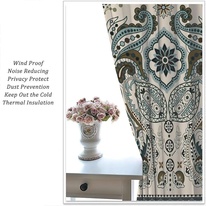 Bohemian-Style Curtains with Vintage Floral Patterns in Green and Brown Natural Tones; Blackout Curtains for Bedrooms, Living Rooms, and Kitchens84X84 Inch