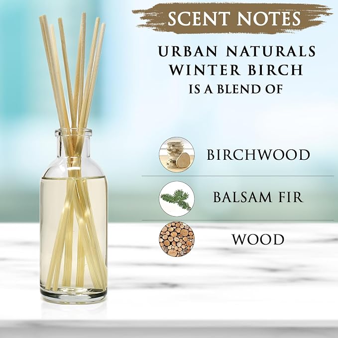 Urban Naturals Reed Diffuser Set, Winter Birch - Bathroom Shelf Décor | Birch Wood & Balsam Scented Oil with Bamboo Reed Sticks, Great Holiday Home Fragrance Air Freshener for the Living Room