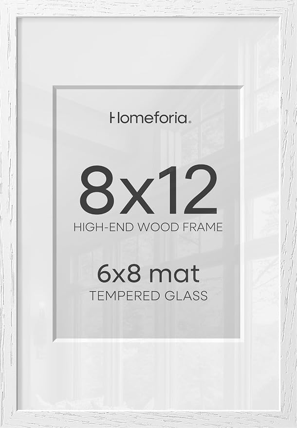 Homeforia 8x12 Picture Frame White, High End Oak 8 x 12 Wood Frames with Mat 6 by 8 Print, 8by12 Wooden Frame Matted to 6x8 inch Photo, 12x8 Wall or Tabletop Frames, Tempered Glass, Wall Kit, Set of 3