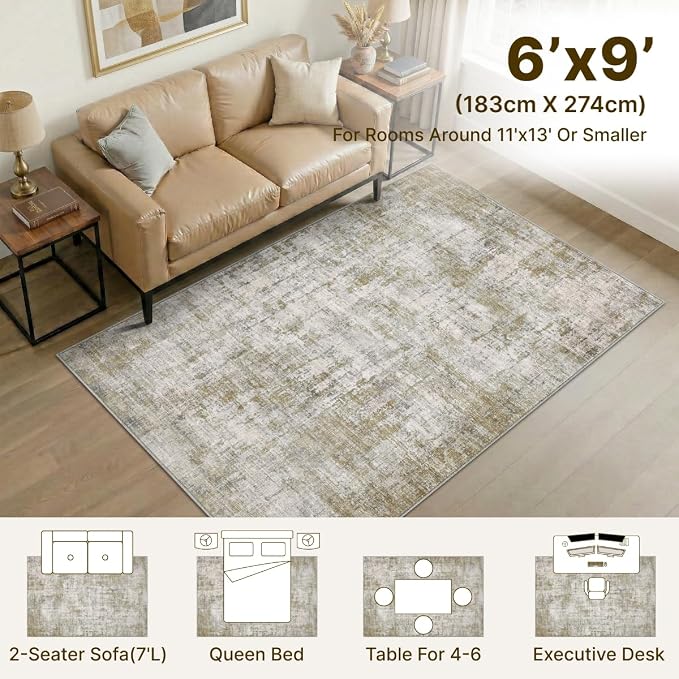 6x9 Area Rugs Washable Living Room Rug-No Slip Soft Carpets Modern Abstract Indoor Floor Stain Resistant Carpet for Bedroom Dining Room Farmhouse Nursery Home Office Tan