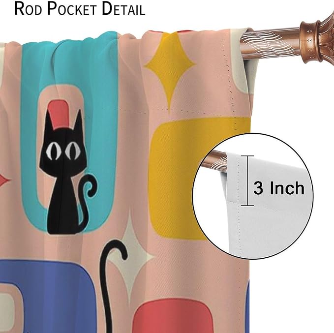 JESTRONRY Mid Century Style Curtains, Black Cat Modern Abstract Geometric 1950s 60s Vintage Colorful Blackout Rod Pocket Window Drapes for Living Room Bedroom Home Decor 42x45in