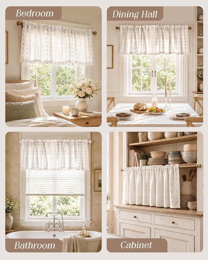 Miss Adola Valance Curtain for Windows - 16 Inch Linen Blend Farmhouse Beige Striped Valance for Kitchen Living Room Bedroom Bathroom Boho Short Curtain with Rod Pocket, 1 Panel