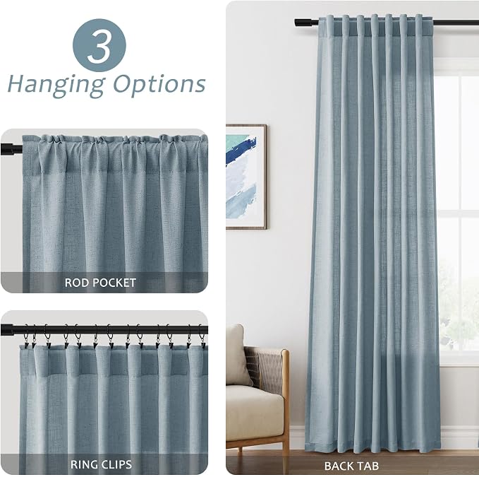 Aersas 102 Inch Light Blue Linen Curtains for Kids Room Bedroom Semi Sheer Privacy Flax Textured Pleated Drapes Light Filtering Living Room Sliding Glass Door Curtain Modern Casual Decorations 52x102