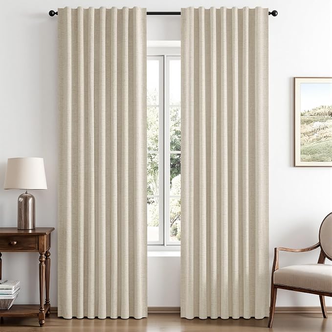MIULEE 100% Blackout Linen Curtains for Bedroom, Light Ivory Solid Luxury Decor Thermal Insulation Room Darkening Drapes for Living Room Back Tab Rod Pocket 42 x 90 Inches, 2 Panels