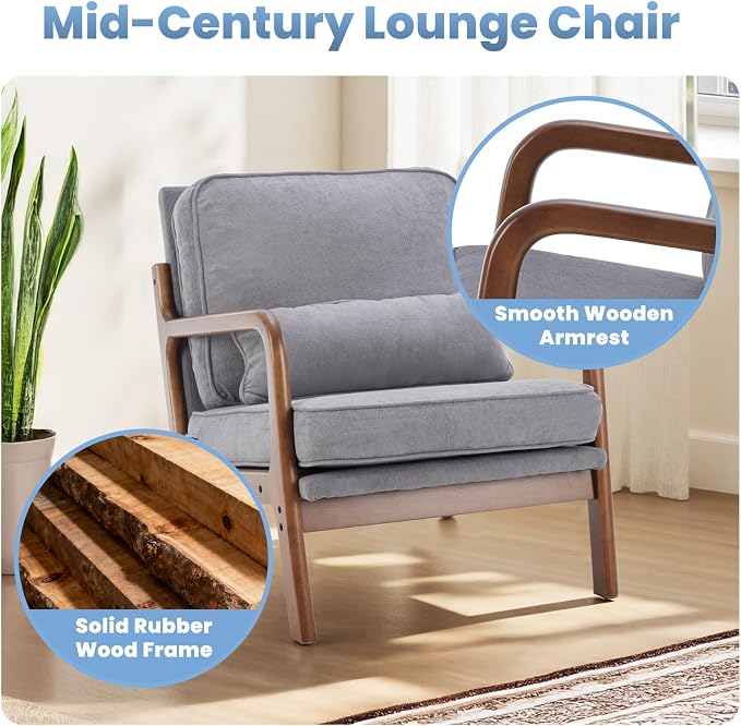 DUMOS Mid Century Modern Accent Chair, Armchair with Lumbar Pillow and Waist Cushion, Solid Wood Frame Lounge Chair for Living Room, Bedroom, Reading Nook, Small Apartment Corner, Classic Grey