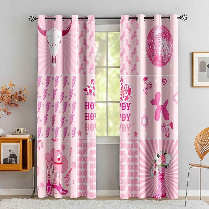 LUVIVIHOME Cowgirl Blackout Curtains, Cute Preppy Coquette Curtains for Girls Bedroom Living Room, Floral Howdy Girly Pink Western Cowgirl Room Decor, Grommet Window Drapes 2 Panel Sets, 52x84 Inch