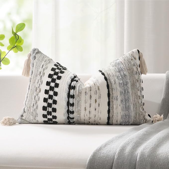 Kevin Textile 14x24 Inch Lumbar Throw Pillow Cover 1 Pack Boho Decorative Soft Chenille Thread Woven Tufted Textured Rectangle Cushion Case Farmhouse Accent for Living Room Couch Sofa Bed, Black