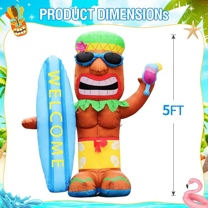 DomKom 5FT Tiki Luau Inflatables, Tiki with Surfboard and Wine Glass, Hawaiian Summer Tropical Beach Blow up Party Decor Party Giant Yard Decoration, Outdoor Built-in LED Lights Lawn Holiday Outside
