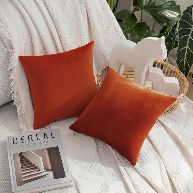 MIULEE Velvet Throw Pillow Covers 12x12 Inch, Pack of 2 - Burnt Orange, Soft Solid Small Fall Decorative Pillow Covers Modern Luxury Home Decor for Couch Chair Sofa Bedroom Livingroom Car